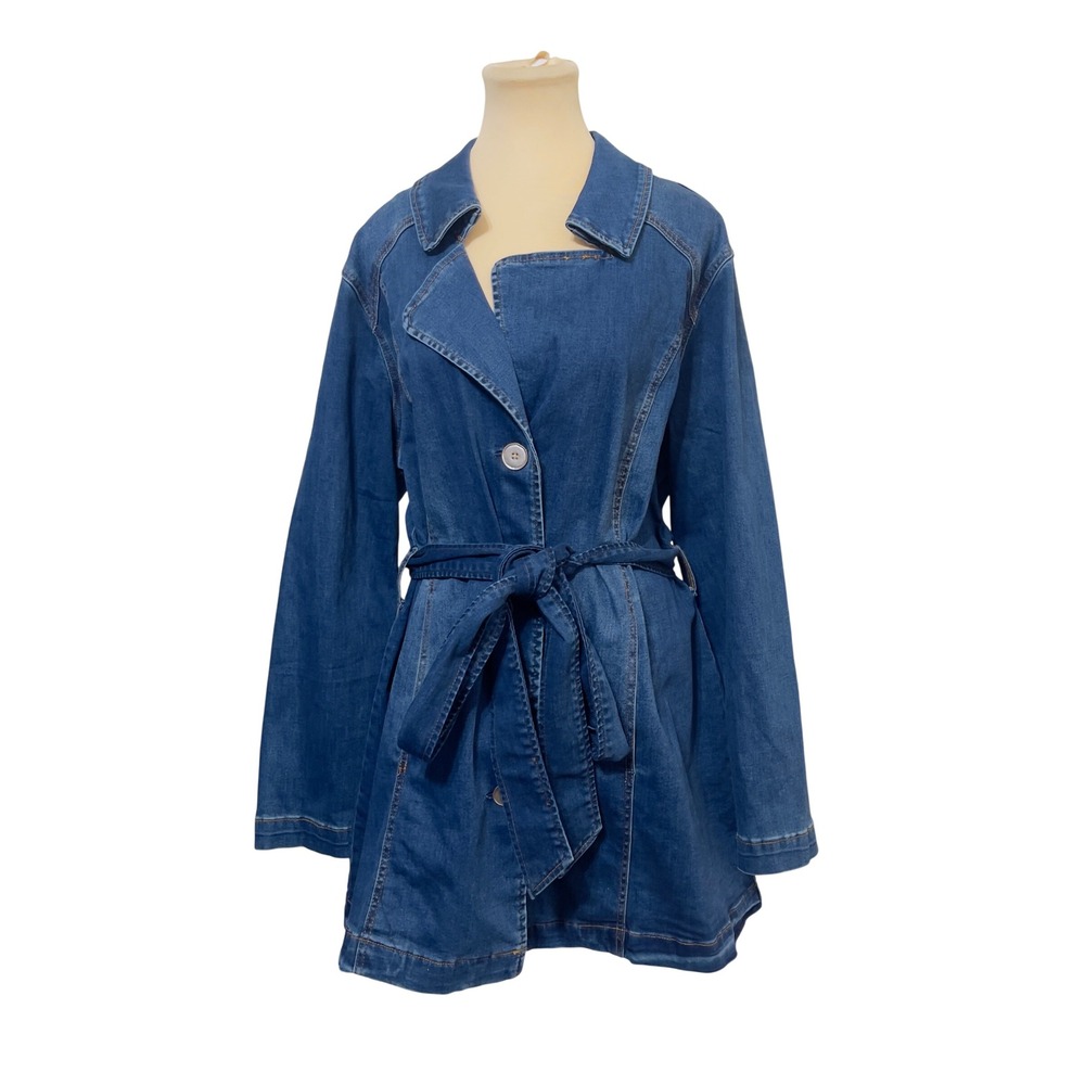 DG2 Diane Gilman Womens Denim Trench Coat Size 1X Blue Belted Jacket Outerwear